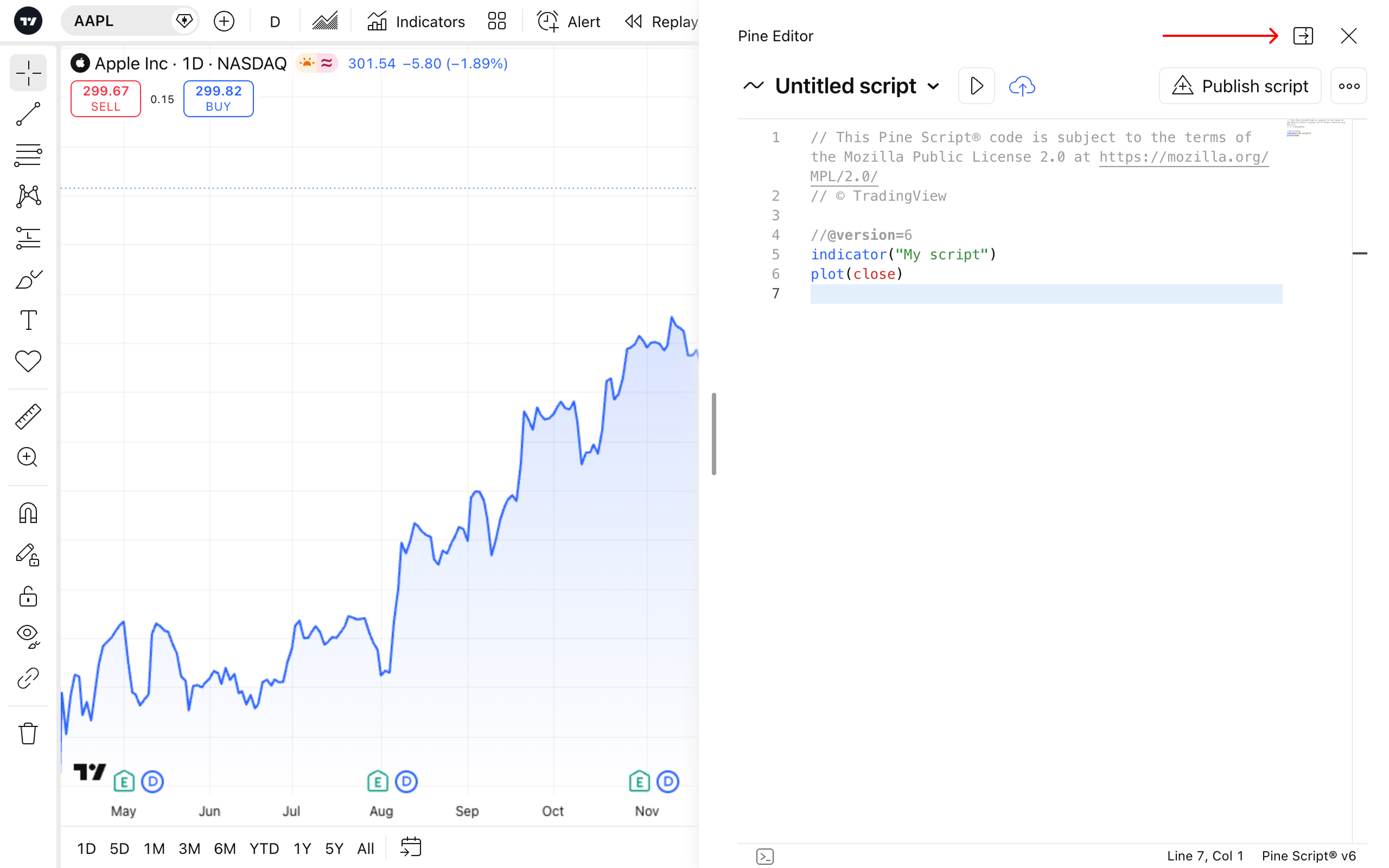 TradingView’s official Pine Editor example beside an AAPL chart, with a simple plot(close) script. The arrow identifies the docking control.