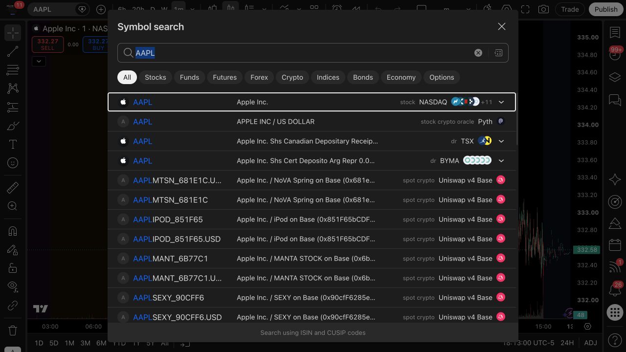 TradingView Symbol search for AAPL showing Apple Inc. on NASDAQ alongside other instruments with similar tickers. Check the company, asset type and exchange.
