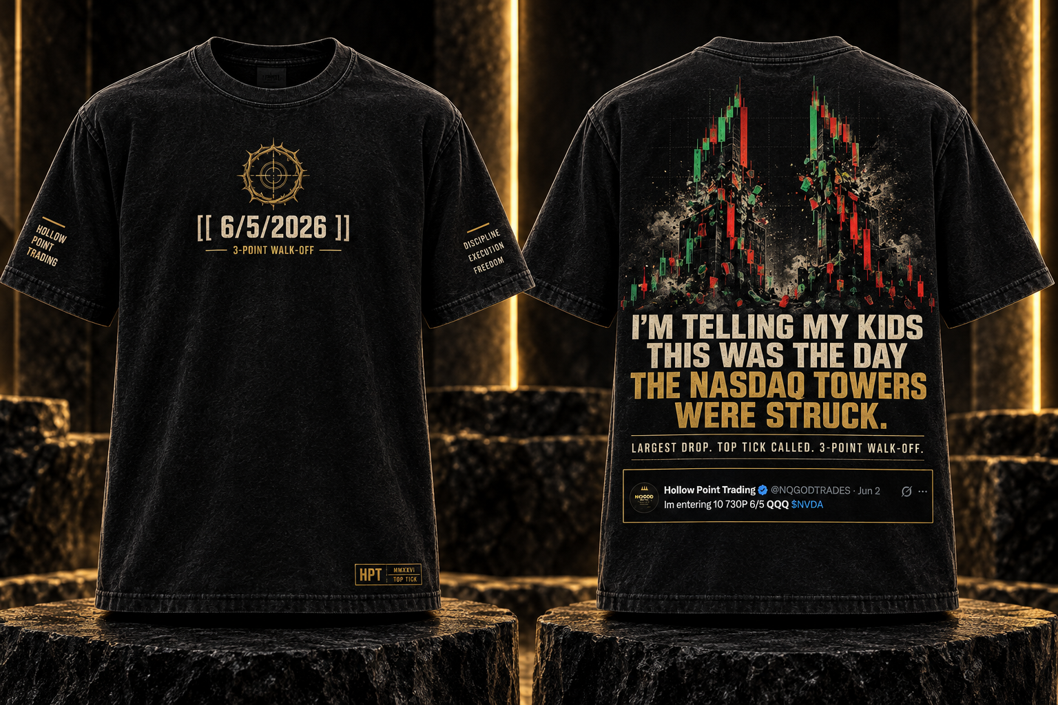 Front and back black HPT June 5 2026 Nasdaq Towers top-tick tee with the authentic X receipt printed on the back