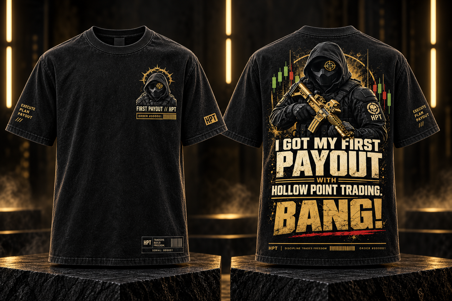 Front and back black HPT First Payout BANG signature tee mockup