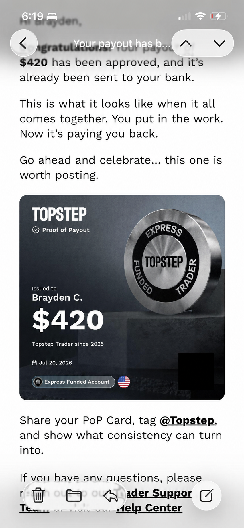 $420 · Topstep payout